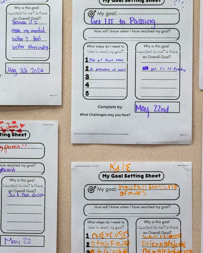 A bulletin board displays several handwritten "My Goal Setting Sheet" worksheets from students.